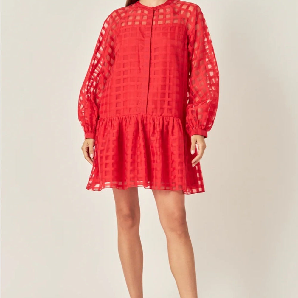 English Factory Sheer Red Organza Long Sleeve Checkered Dress - Size S